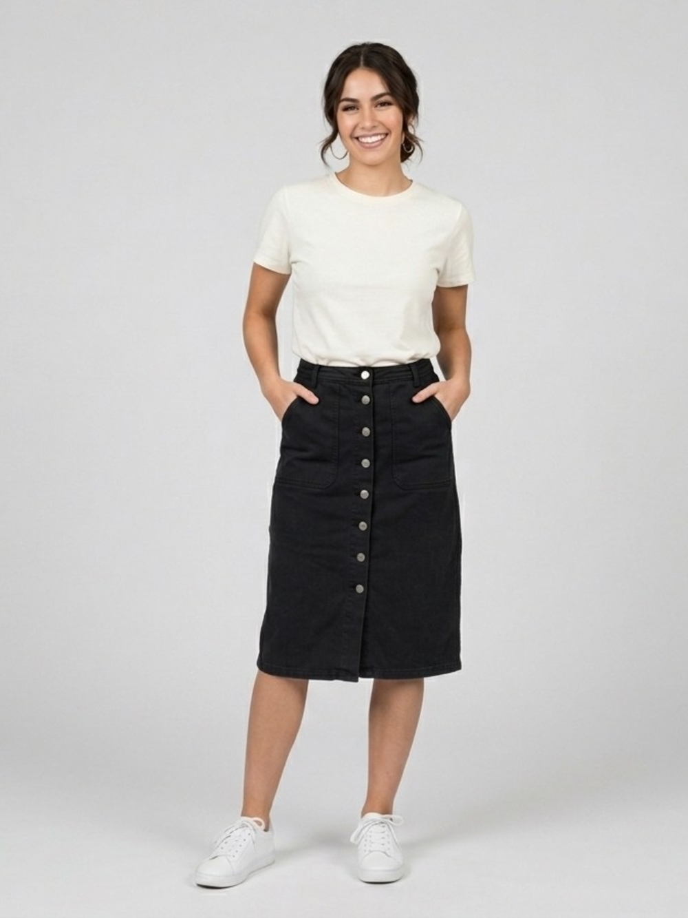 Treasure & Bond Black Button-Front Midi Skirt
